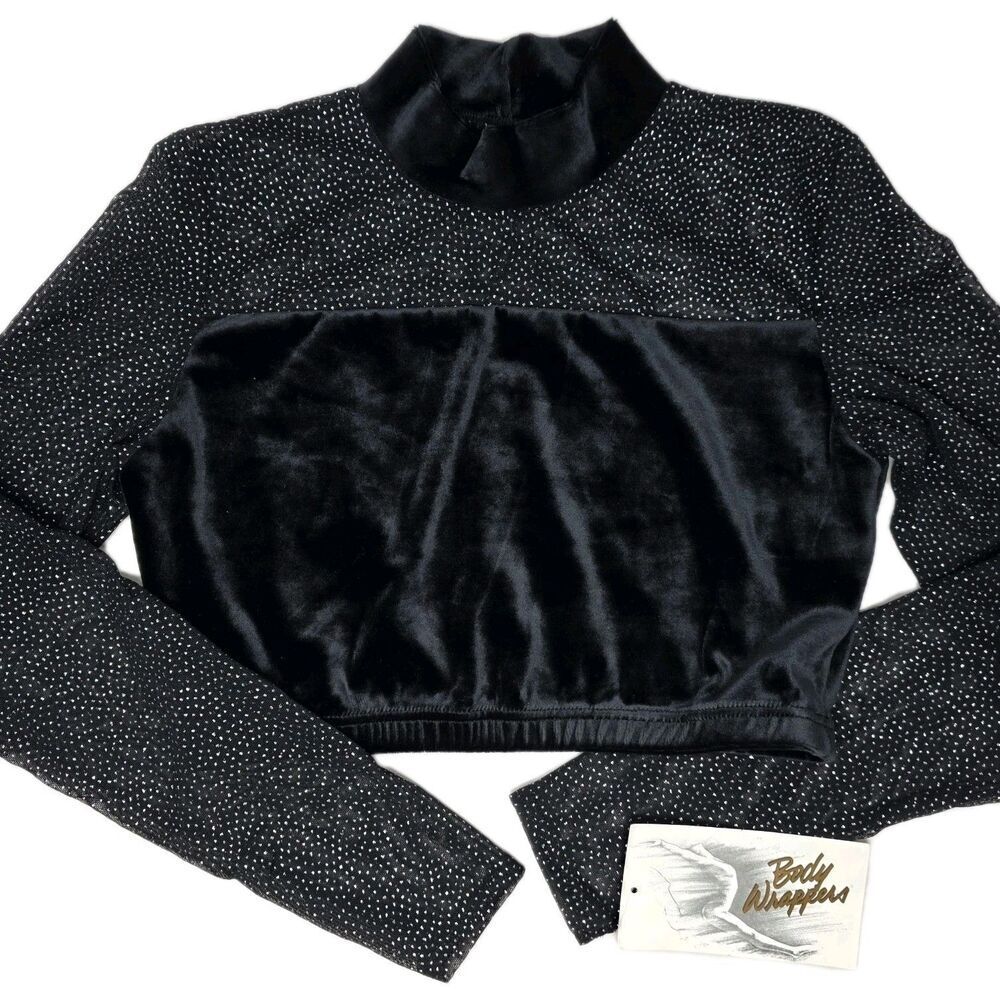 Body Wrappers VTG 90s Mesh Velvet Mock Neck Dance Midriff Glitter Top Adult L - Picture 4 of 16